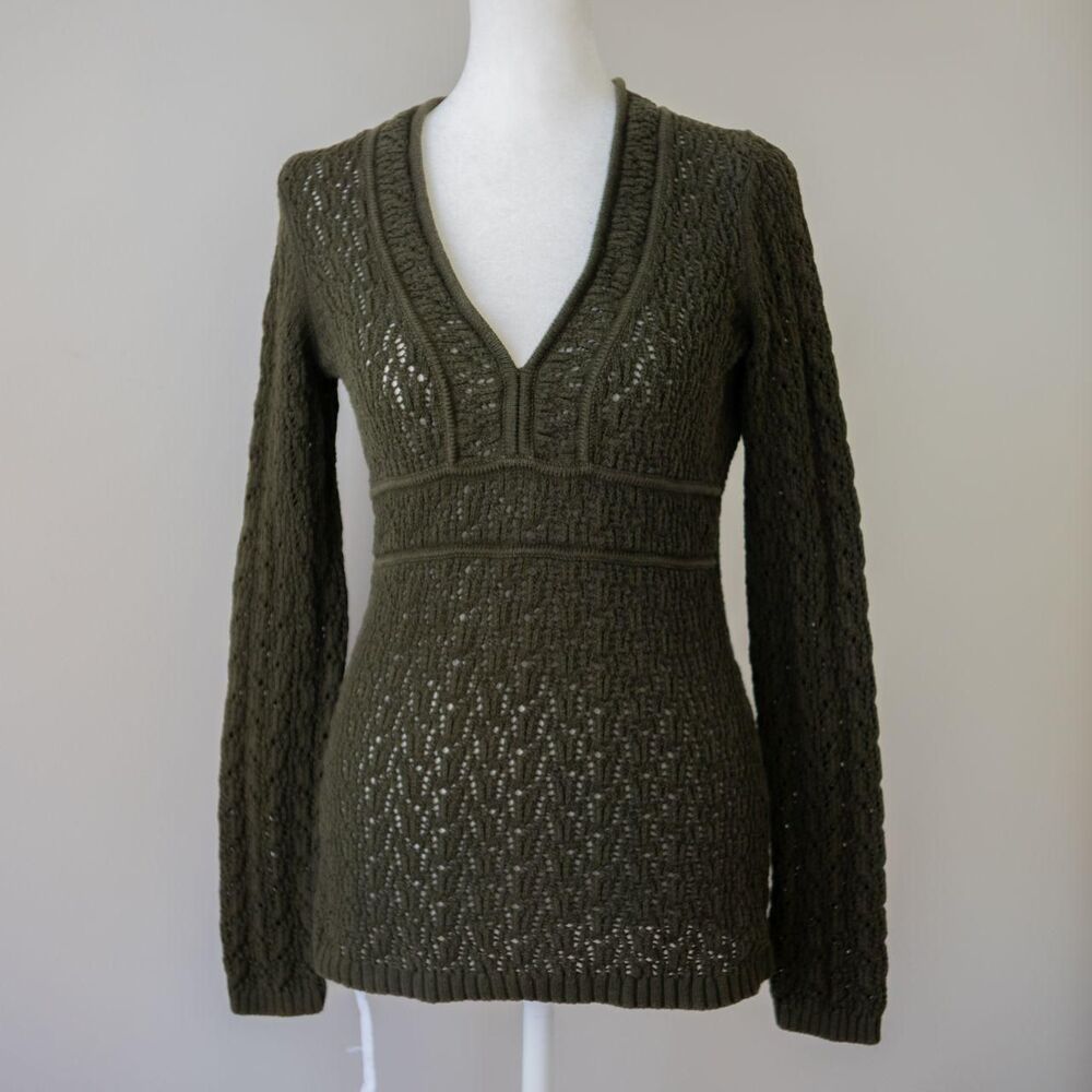 Cottage Knit Forest Green  Y2K Style V Neck Long Sleeve Crochet Pullover Sweater